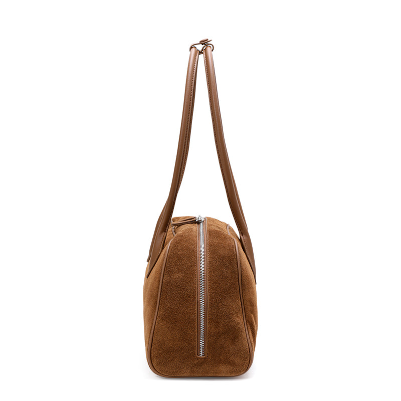 Genuine Suede Cowhide Womens Shoulder Bag,Long Pillow Underarm Tote,Retro Large Capacity Handheld Purse