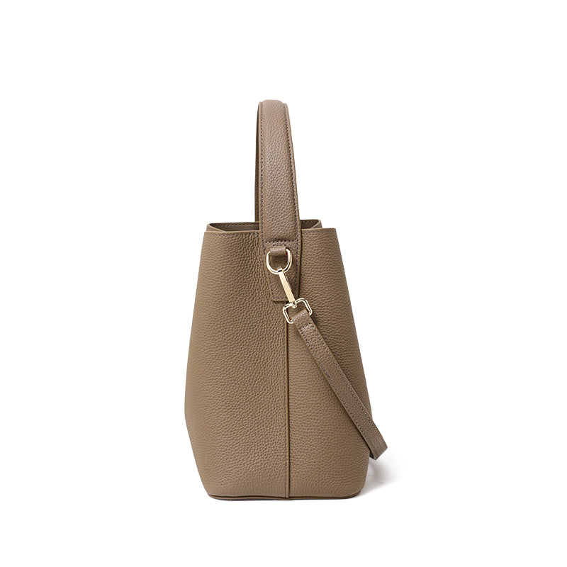 Genuine Cowhide Lightweight Bucket Handbag,Detachable Wide Narrow Straps Twist Lock Simple Everyday Womens Handheld Shoulder Crossbody Bag