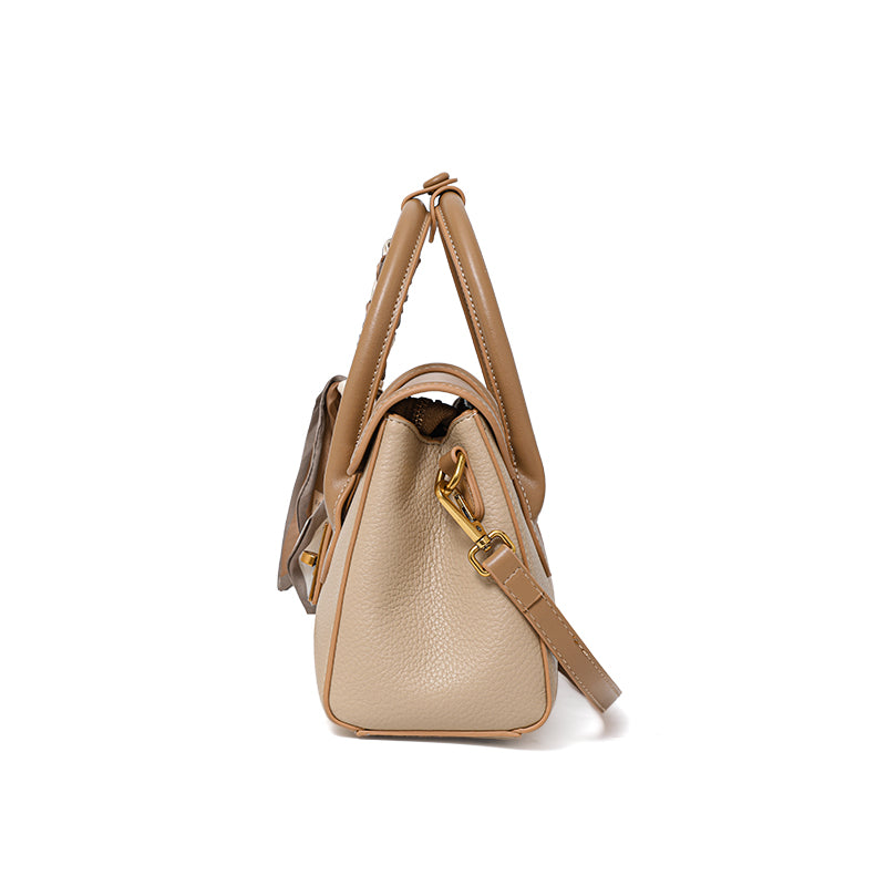 Genuine Cowhide Two Tone Pebbled Flap Handbag,Detachable Adjustable Crossbody Strap Twist Lock Multi Compartment Womens Two Way Carry Purse