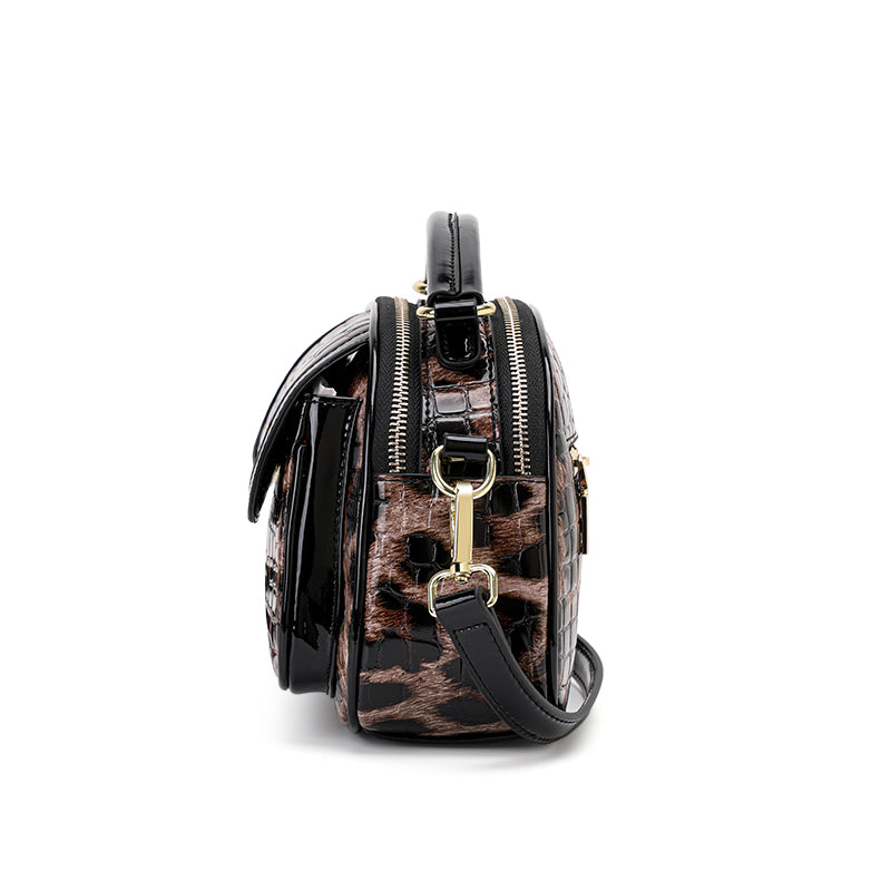 Genuine Cowhide Crocodile Leopard Print Womens Mini Oval Handbag,Glossy Multi Compartment Adjustable Crossbody Shoulder Bag