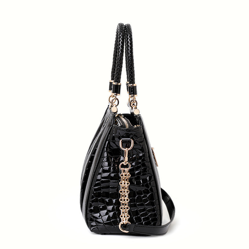 Genuine Cowhide Glossy Crocodile Embossed Womens Doctor Handbag,Black Multi Compartment Detachable Chain Single Shoulder Bag