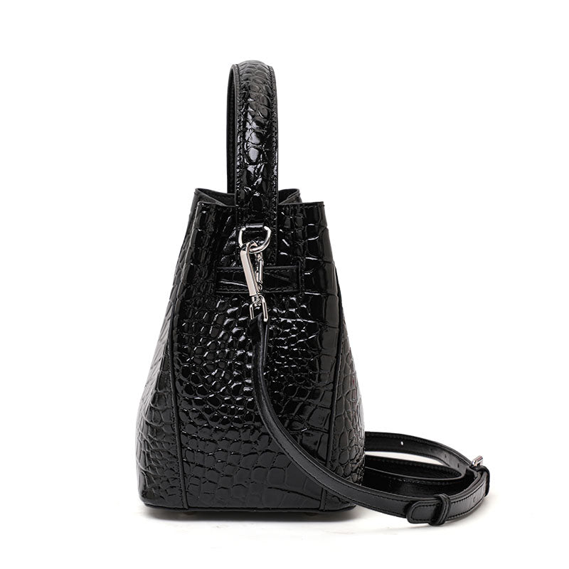 Genuine Cowhide,Crocodile Glossy Grain,Bucket Bag,Women Convertible Crossbody Bag,Hand Carry,Cross Shoulder Carry,Daily Commute,Short Travel
