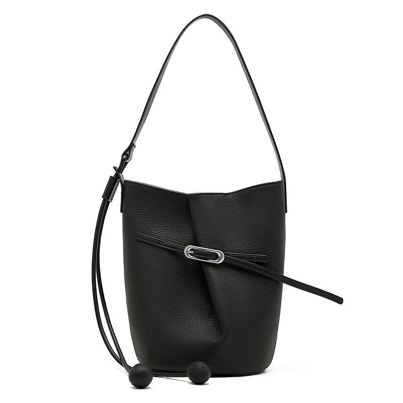 Genuine Cowhide Womens Bag,Pebbled Vertical Bucket Shoulder Bag,Drawstring Decor Matching Fabric Pouch Minimalist Crossbody Purse