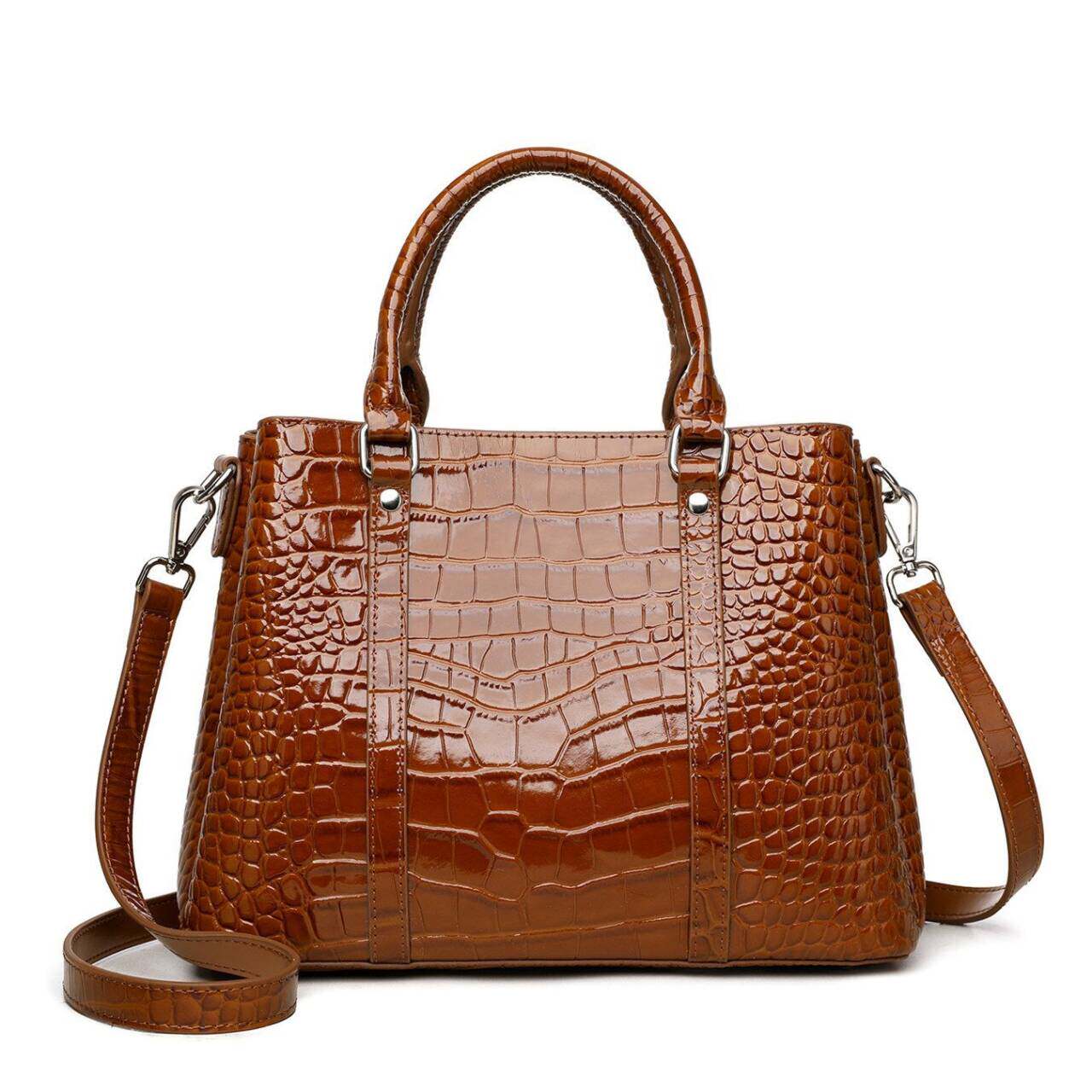 Top Layer Cowhide Women Tote Bag,Glossy Crocodile Embossed Trapezoid Handbag Detachable Shoulder Strap Multi Compartment