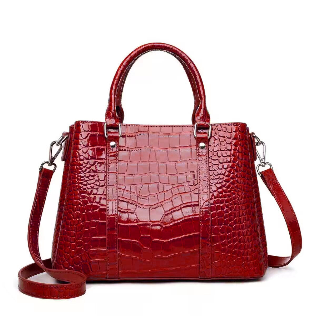 Top Layer Cowhide Women Tote Bag,Glossy Crocodile Embossed Trapezoid Handbag Detachable Shoulder Strap Multi Compartment