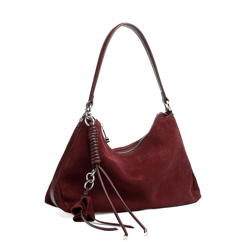 Genuine Cowhide Womens Bag,Matte Suede Crescent Hobo,Detachable Adjustable Strap,Tassel Decor Underarm Shoulder Handbag