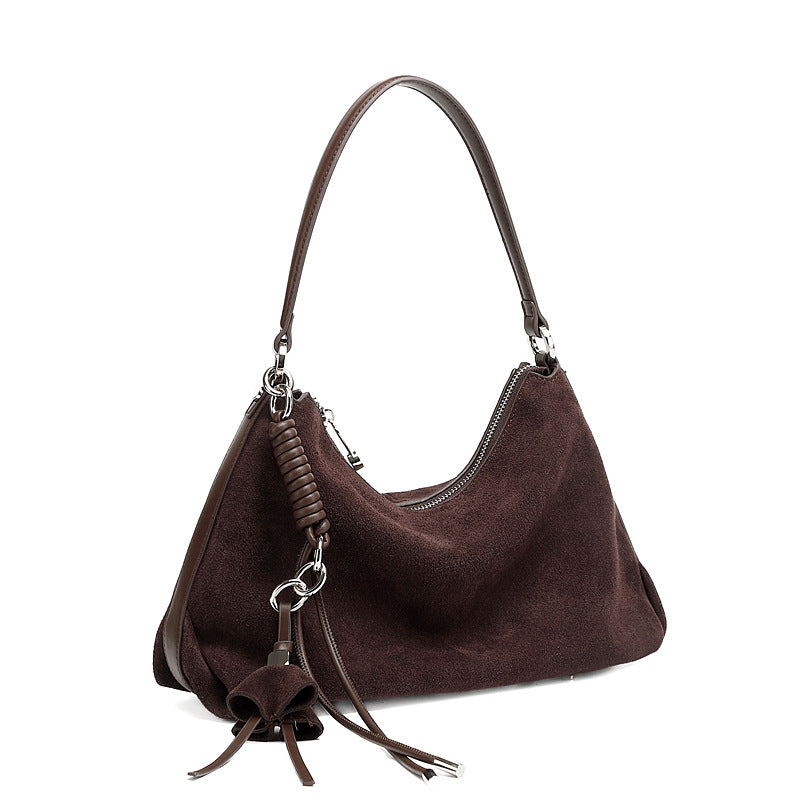 Genuine Cowhide Womens Bag,Matte Suede Crescent Hobo,Detachable Adjustable Strap,Tassel Decor Underarm Shoulder Handbag
