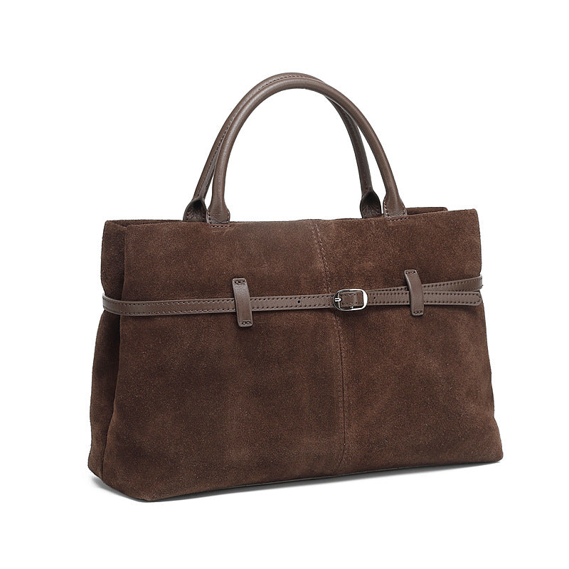 Genuine Cowhide Womens Bag,Matte Suede Soft Rectangular Tote,Detachable Adjustable Strap Commute Handbag
