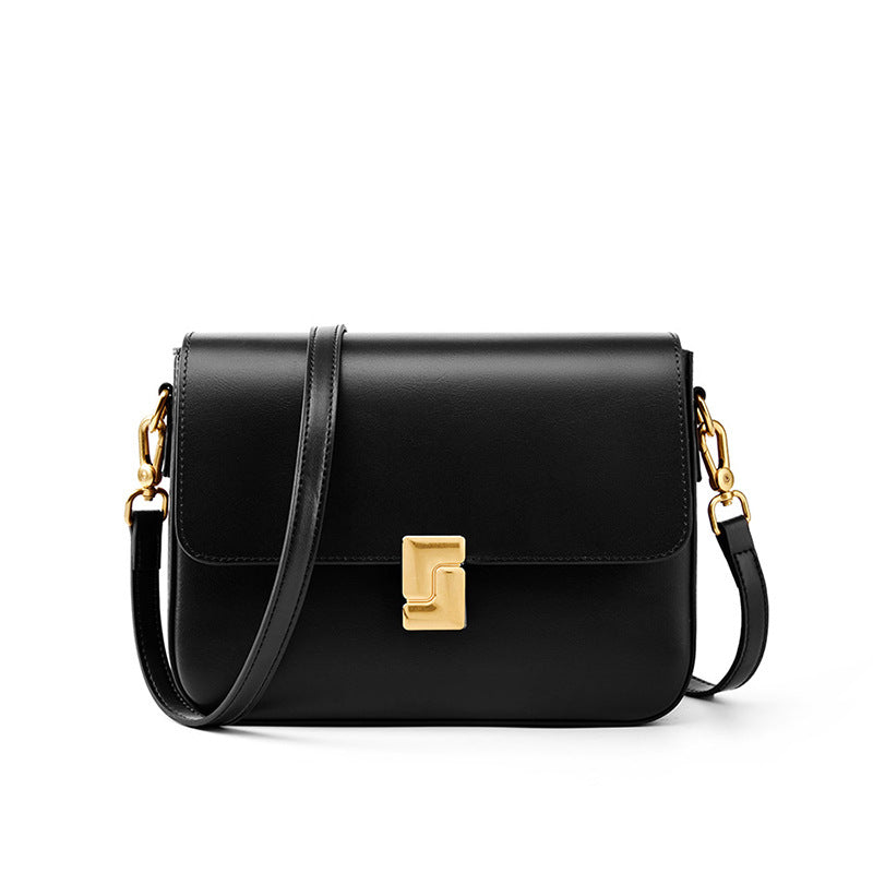 Genuine Cowhide Womens Shoulder Crossbody Bag,Smooth Plain Leather Flap Square Purse,Adjustable Strap Vintage Commute Handbag