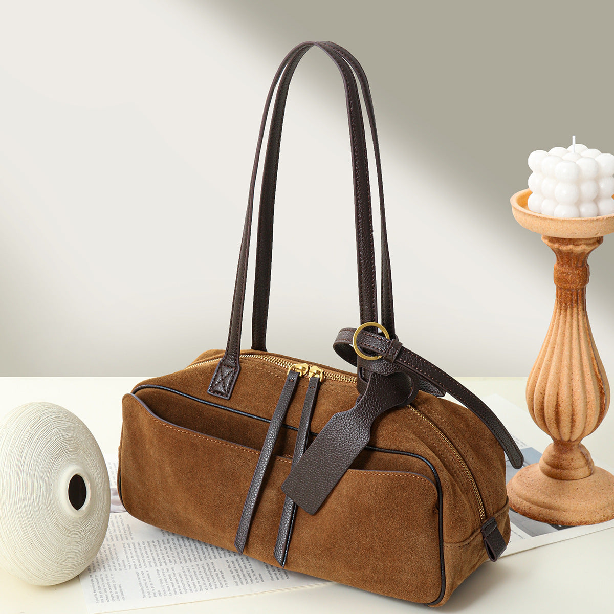 Genuine Cowhide Womens Underarm Shoulder Bag,Pebbled Grain Double Zip Pillow Purse,Multi Compartment Daily Commute Handbag