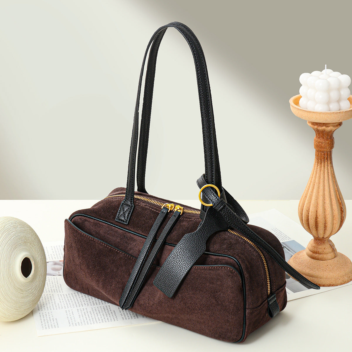 Genuine Cowhide Womens Underarm Shoulder Bag,Pebbled Grain Double Zip Pillow Purse,Multi Compartment Daily Commute Handbag