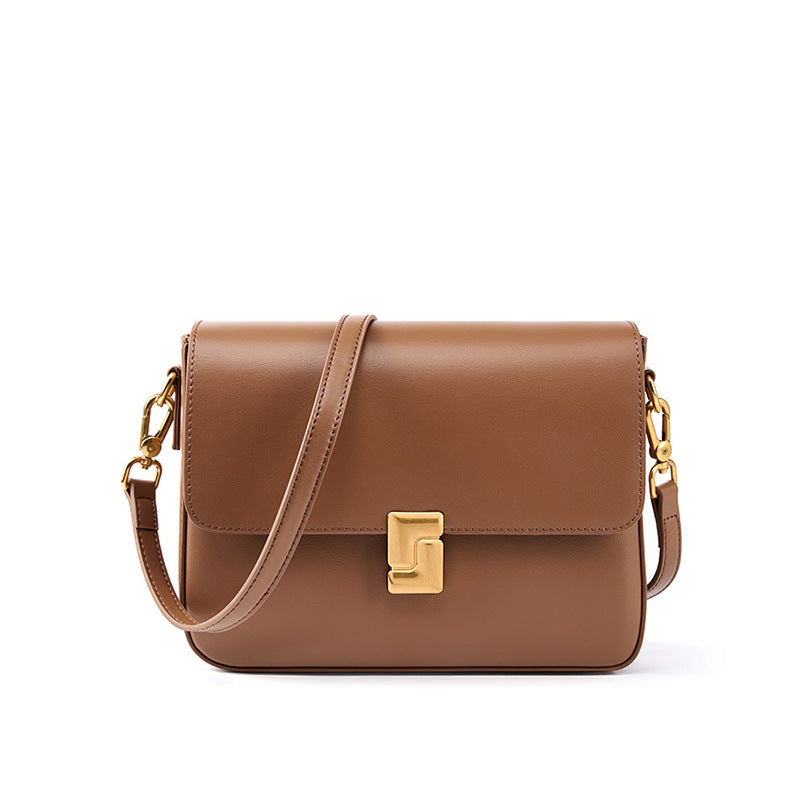 Genuine Cowhide Womens Shoulder Crossbody Bag,Smooth Plain Leather Flap Square Purse,Adjustable Strap Vintage Commute Handbag