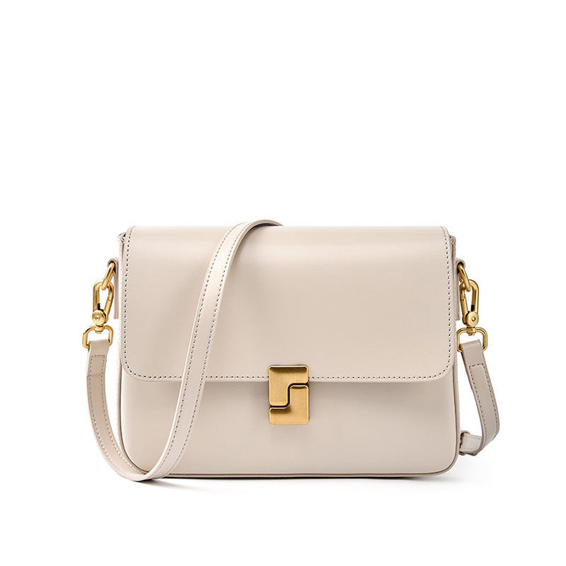 Genuine Cowhide Womens Shoulder Crossbody Bag,Smooth Plain Leather Flap Square Purse,Adjustable Strap Vintage Commute Handbag